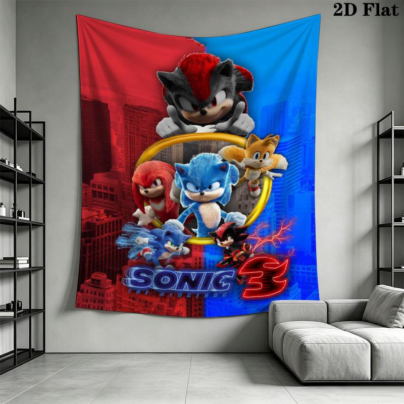 Sonic Collage Photo Wall Tapestry Multi Scene Character Grid Print Inspirational Quote Hanging Cloth Game Room Wall Decor