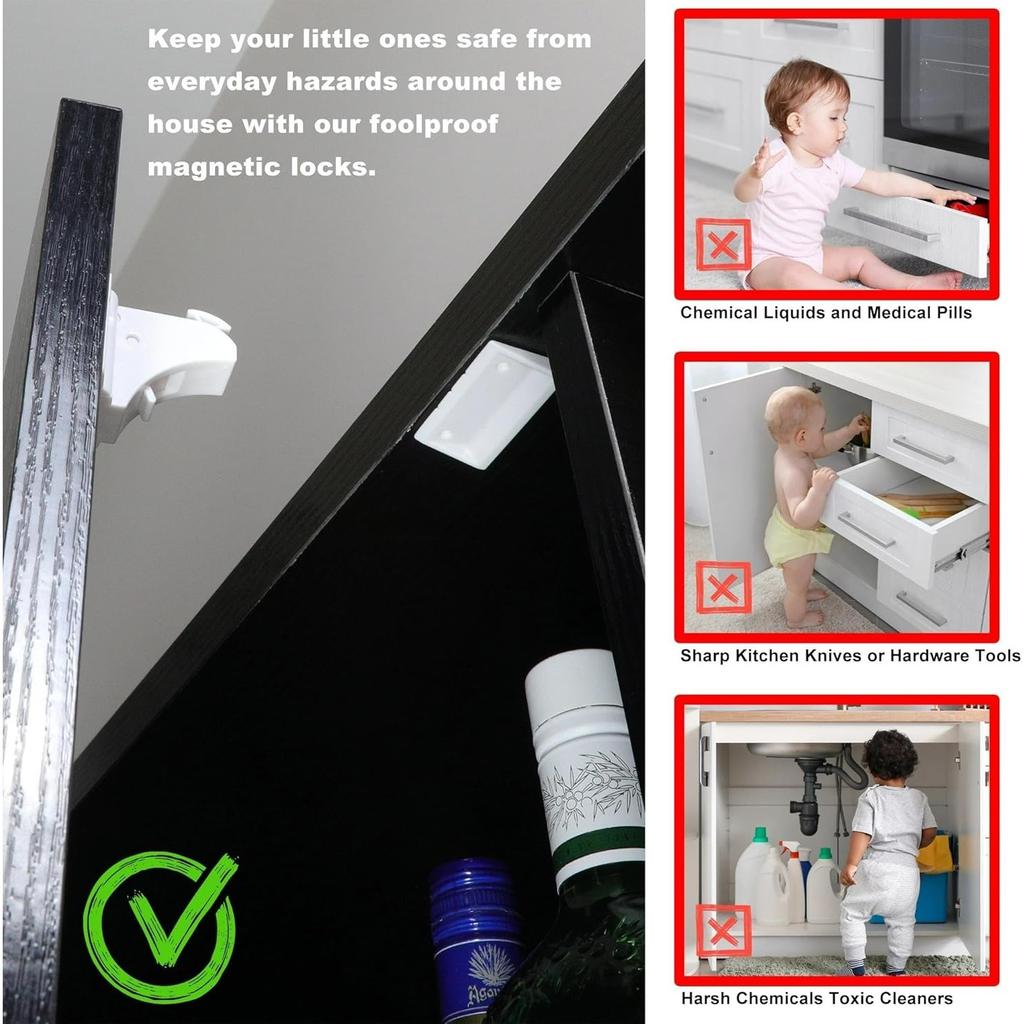 2 Pack Magnetic Cabinet Locks Baby Proofing Child Safety Cupboard Drawers Latches. (1 Key)