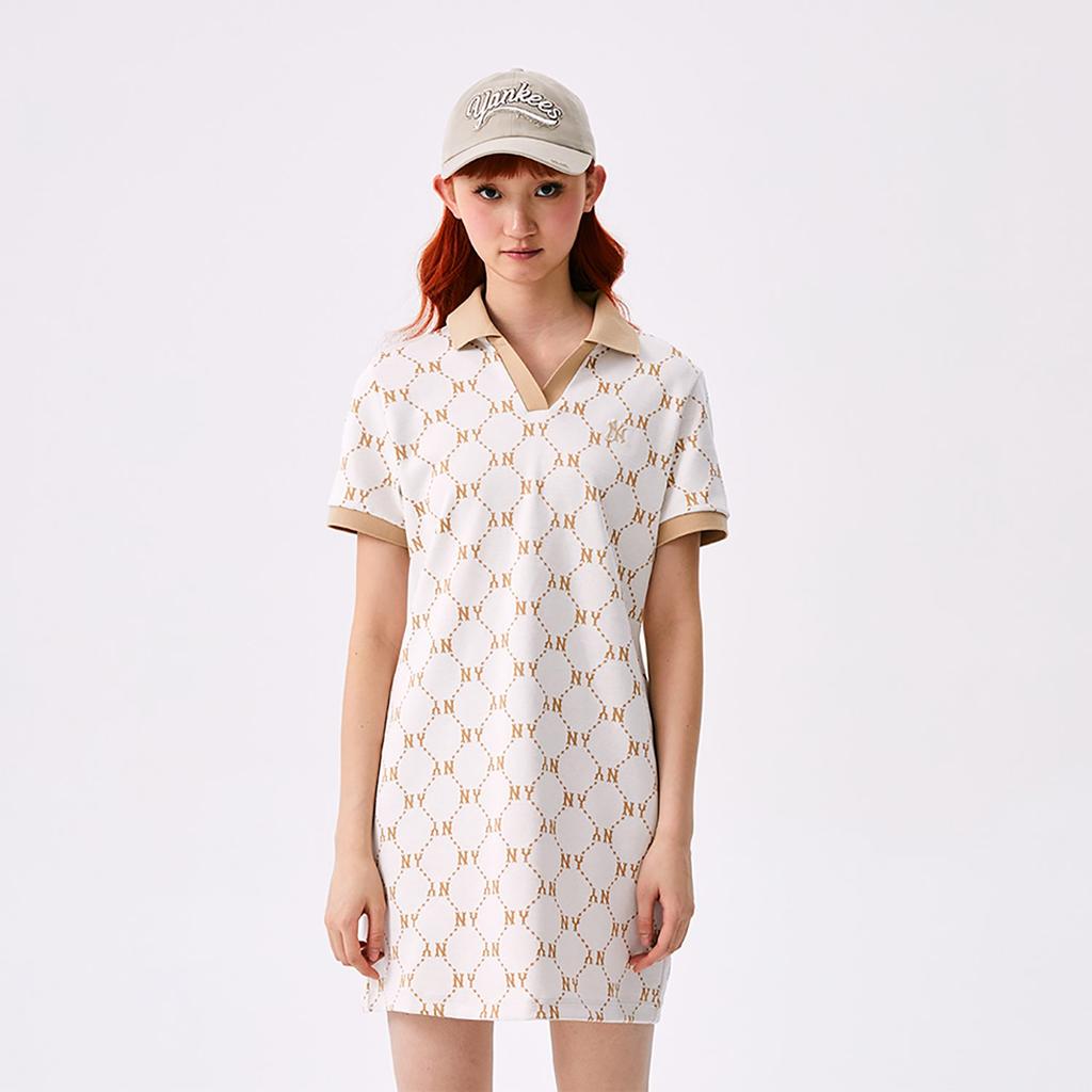 MLB MONOGRAM SS25 Short Sleeved Dress Women's Ivory White 3FOPM0453-50IVS
