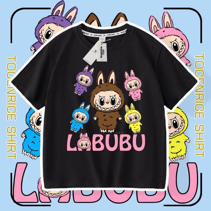Summer New Cartoon Labubu Loose Short-sleeved T-shirt Girls Children's Casual Tops Fashion Breathable Round Neck