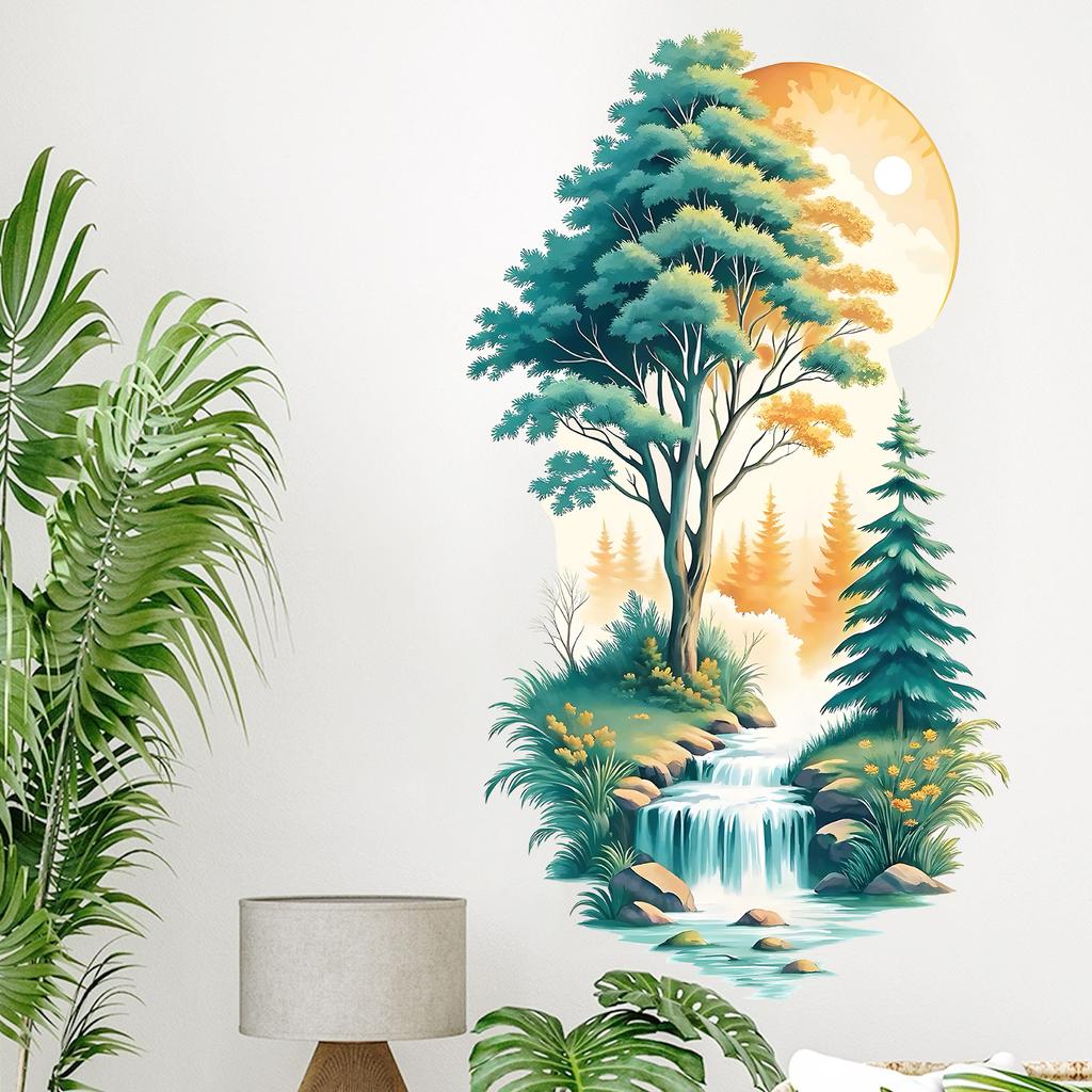 Quiet Mountains Forests Flowing Water Self-adhesive Wall Decoration Living Room Bedroom Foyer Stickers