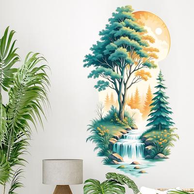 Serene Forest Waterfall Wall Sticker Self-Adhesive Removable Living Room Bedroom Hallway Fresh Nature Home Decor Art