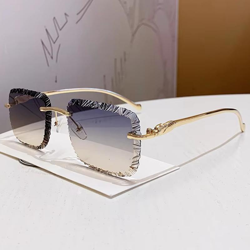 Vintage Rimless Square Sunglasses Women For Men Luxury Brand Designer Sun Glasses Punk Popular Metal Diamond Cutting Shades