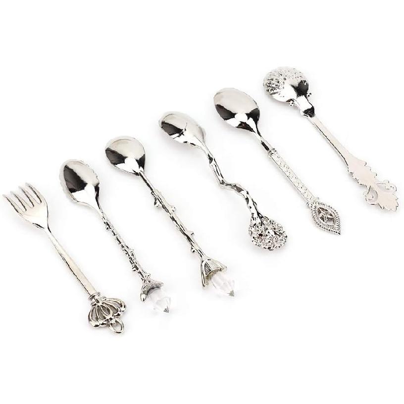 6PCS Vintage Coffee Spoons, Tea Fork Set, Zinc Crystal Mini Fancy Dessert Tableware for Home Office Party Coffee Bar