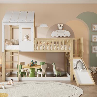 Flieks Bunk Bed 90x200cm with Slide, Ladder and Slatted Frame, 247x137.5x221cm, Natural