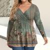 Women's Plus Size Shirt Long Sleeve  Print Top Pleated Casual V-Neck Top