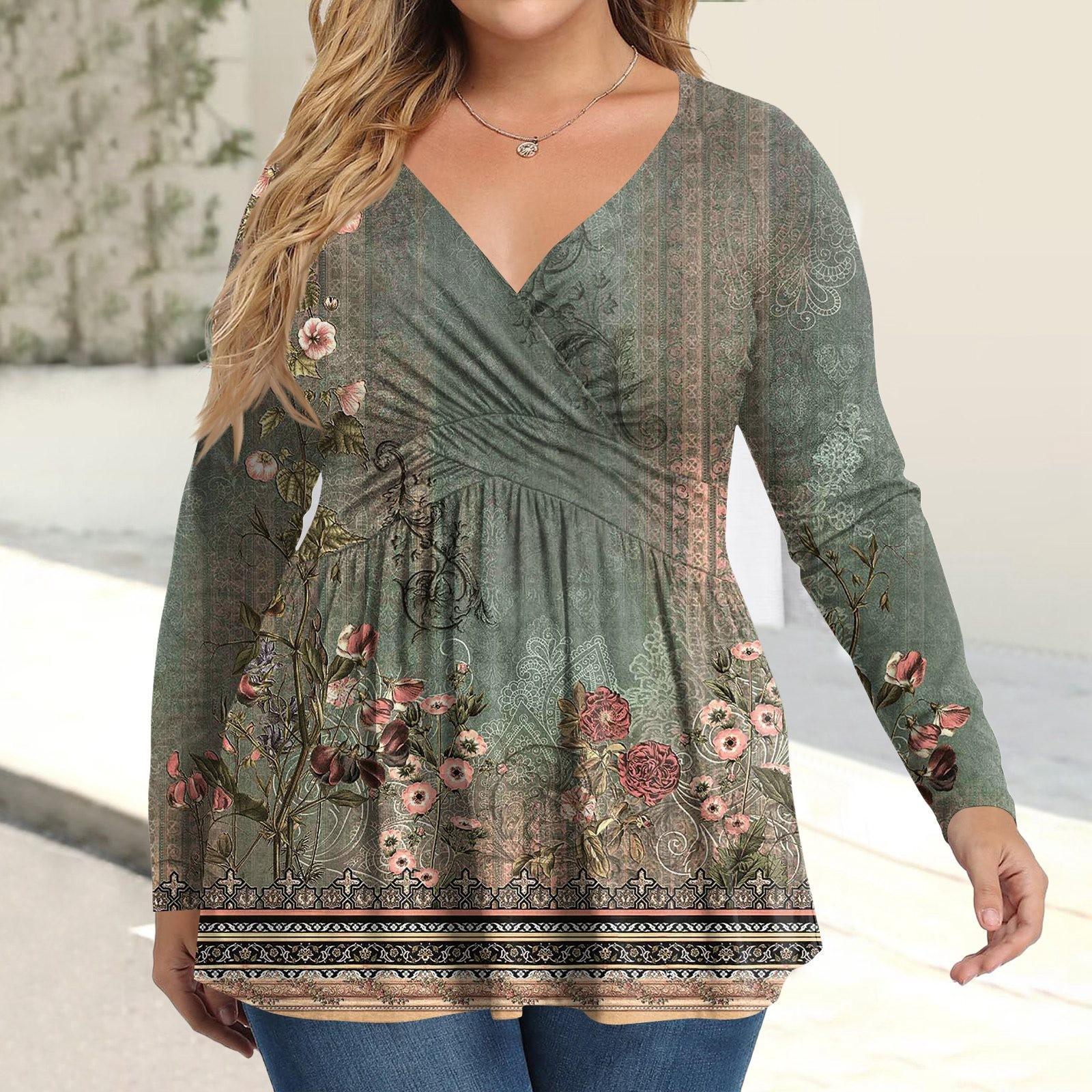 

Women s Plus Size Shirt Long Sleeve Print Top Pleated Casual V-Neck Top L армія зелений колір