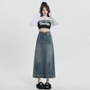 Retro Washed Denim Midi Skirt for Women, 2023 Spring/Summer, XS-XL, Spandex Blend