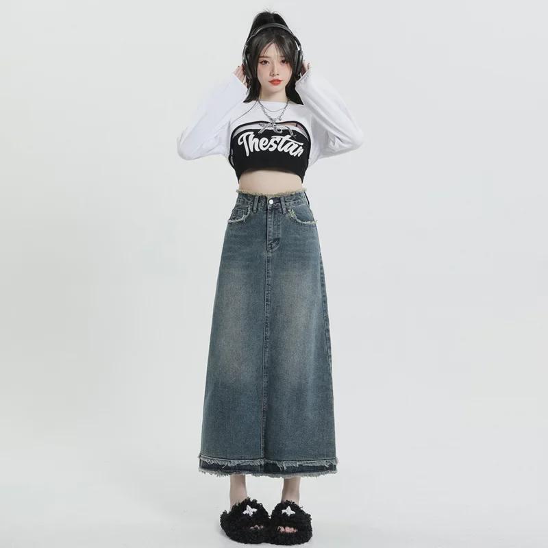Retro Washed Denim Midi Skirt for Women, 2023 Spring/Summer, XS-XL, Spandex Blend