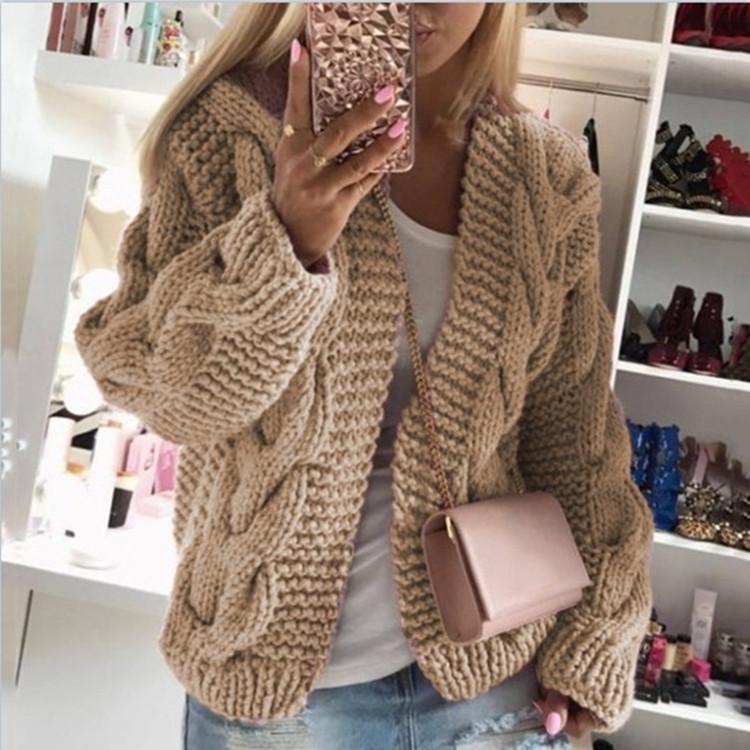 2026 Autumn/Winter Bestseller: Women's Cable Knit Hat Cardigan, European & American Style Chunky Sweater, Solid Color