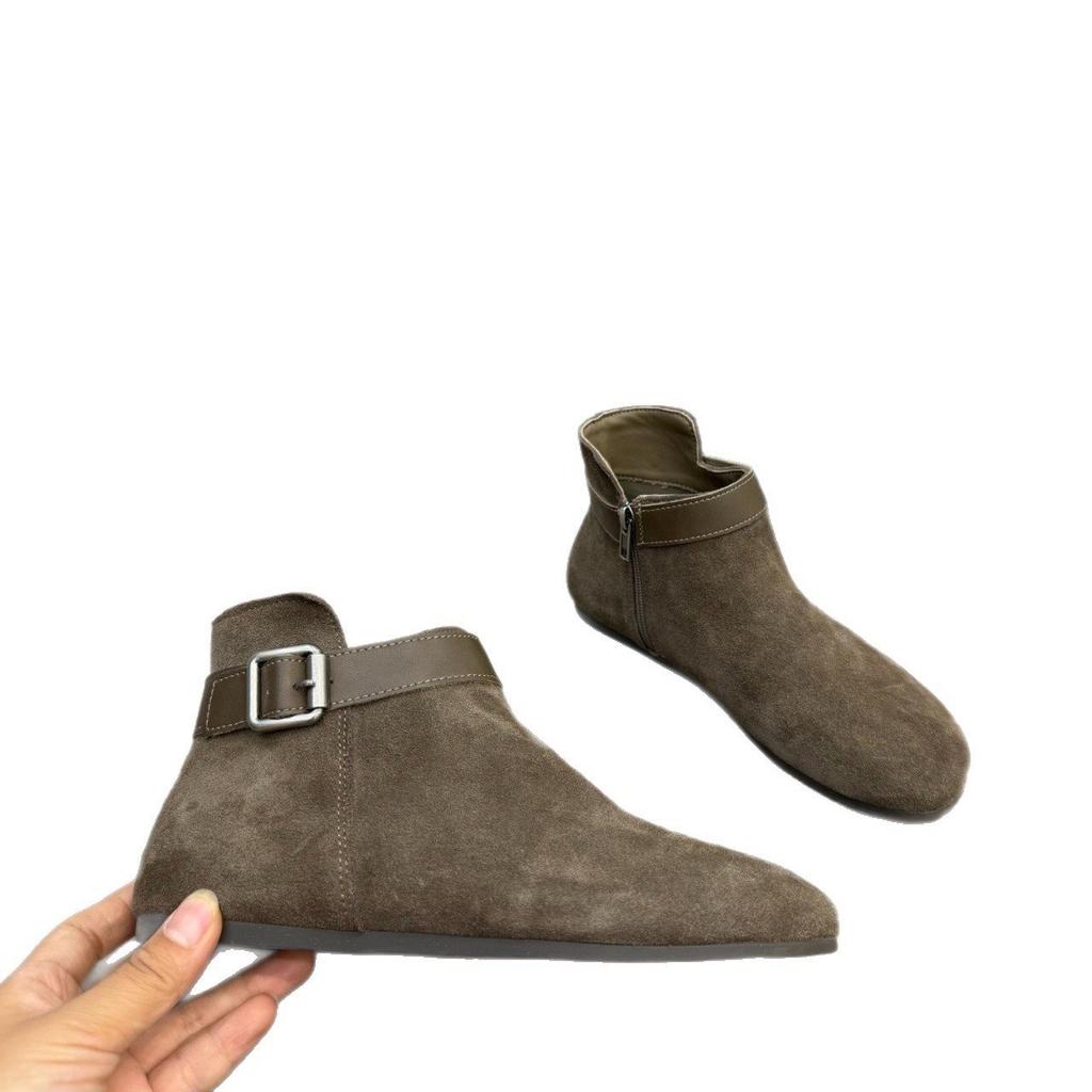 Belt buckle short boots women's Martin boots autumn and winter round head Birkenstock retro comfortable temperament new versatile side zipper