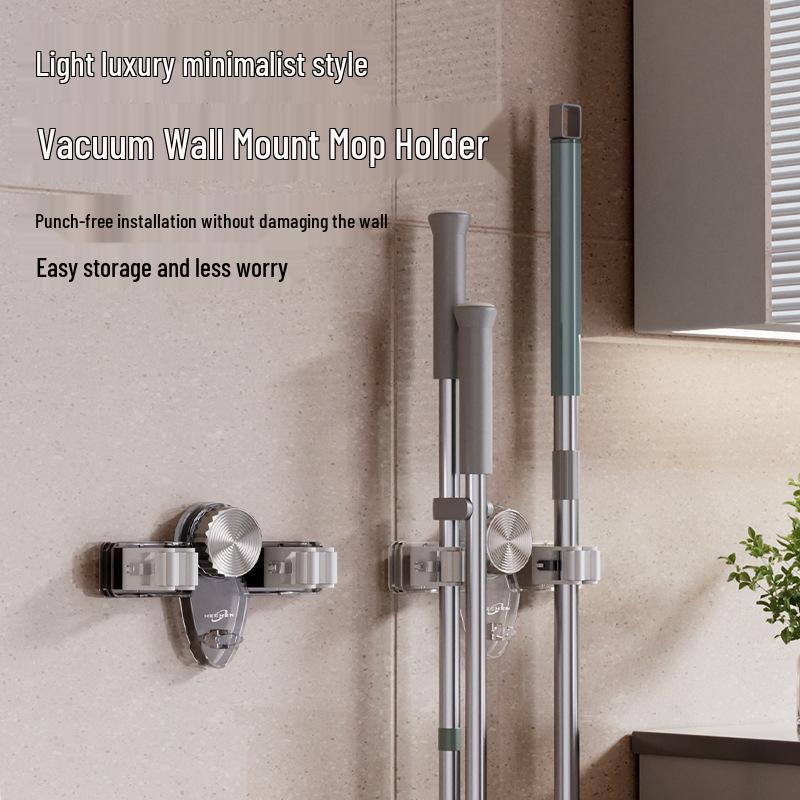 Adjustable Suction Cup Mop Holder - No-Drill, Bathroom Storage Hook with Dual Clips