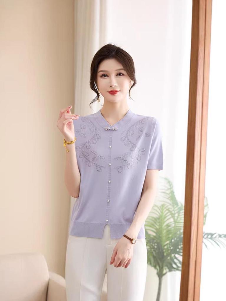 Mom's Summer Chinese Knitted T-shirt: Short Sleeve Ice Silk Top & Two-Piece Set for Middle-Aged Women