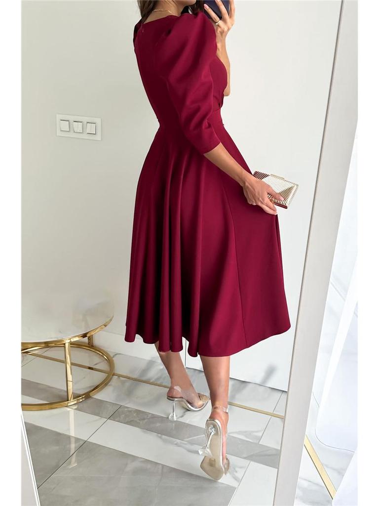 Autumn V-neck Waist-Cinching Bubble Sleeve Swing Dress