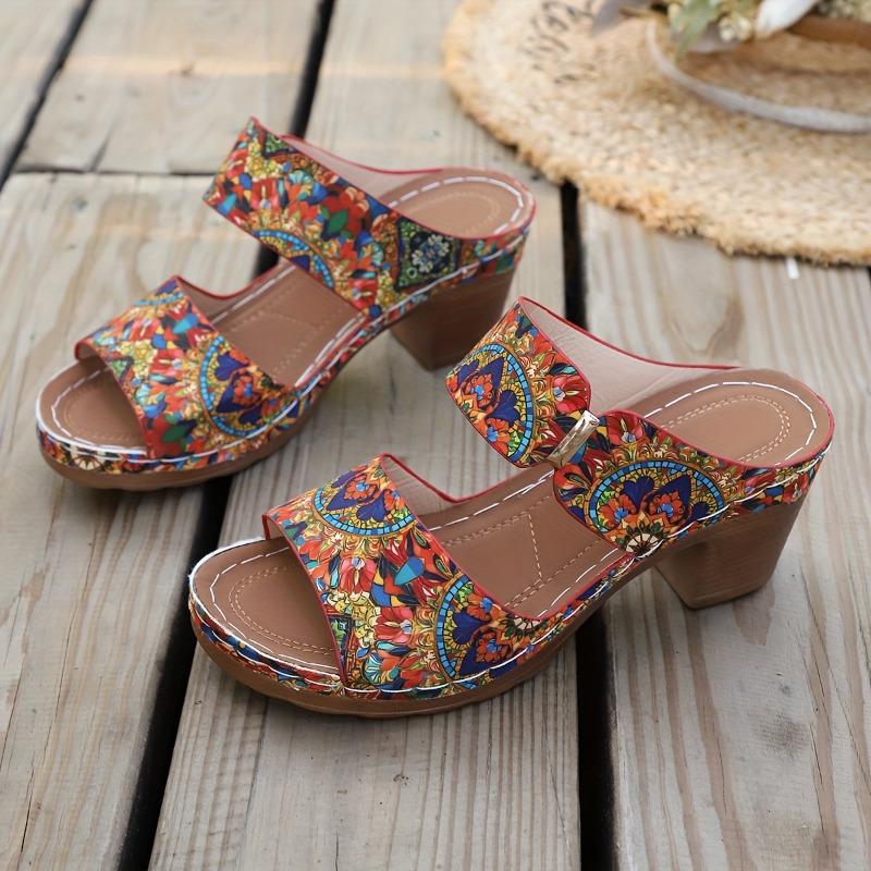 Women's Bohemian Mosaic Print Round-Toe Mule Slides - Vibrant Multicolor - PU Cover Upper & Cushioned Insole - Lightweight Comfortable for Summer