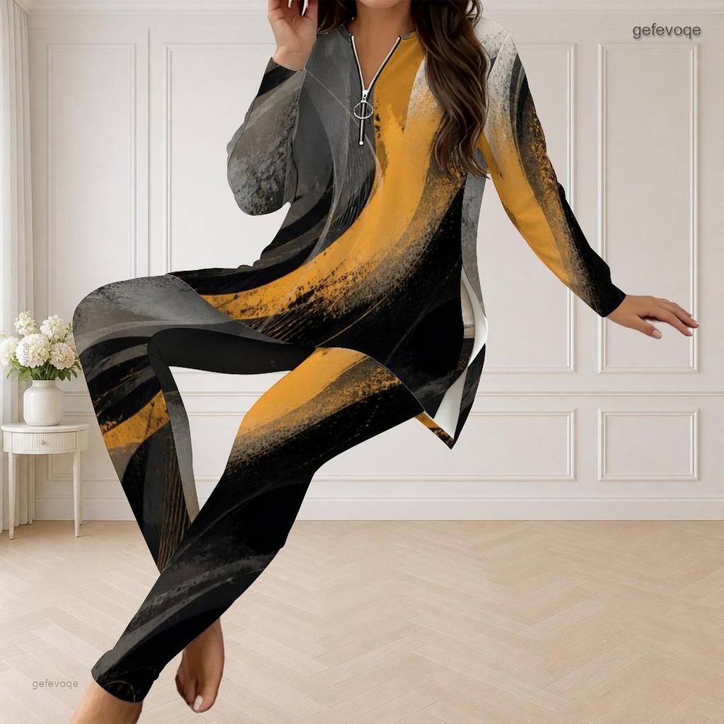 Women Plus Size Half Zip Long Sleeve Printed Gradient Longline Top And Fitted Pants Two Piece Set