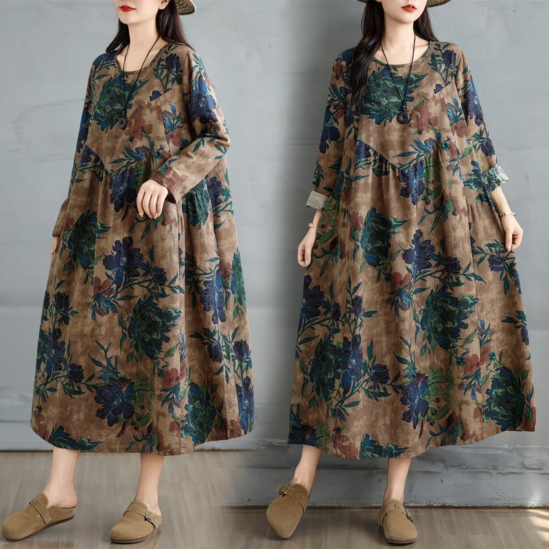 Dimanaf 2025 Dámské nadměrné jarní dlouhé šaty Volné základní s potiskem Vintage ležérní květinové Nadměrné Dlouhý rukáv Maxi