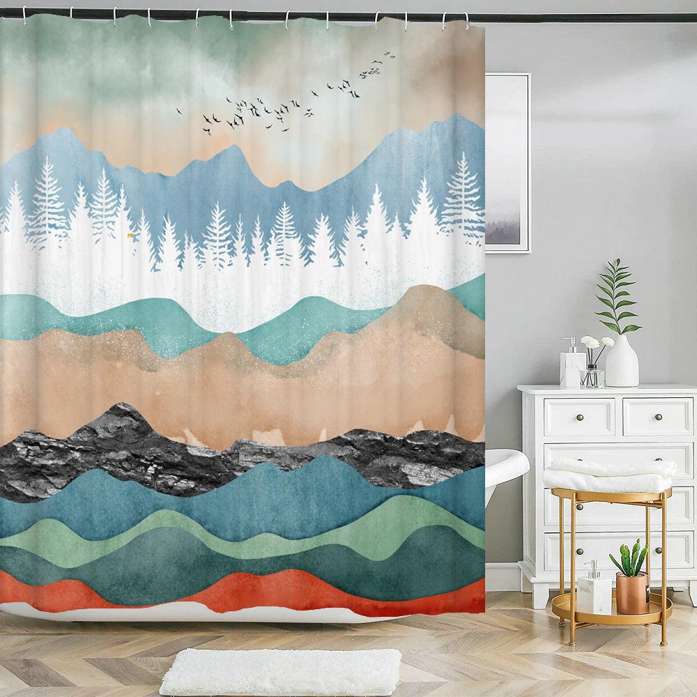 Japanese-style Shower Curtain 3d Ink Painting Bathroom Curtain Waterproof  With Hooks 180*240CM Shower Curtain Polyester Fabric