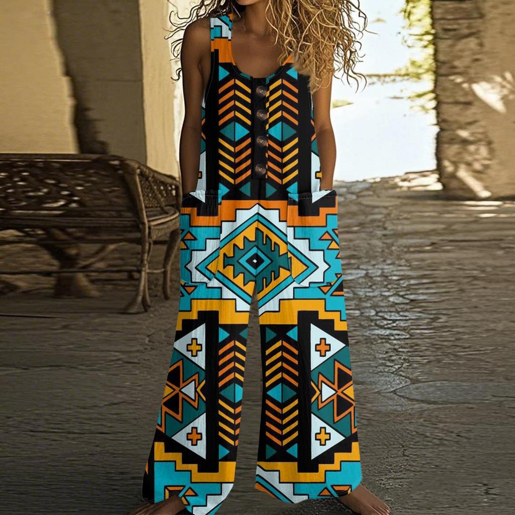 Women's Fashion Casual Button-down Sleeved Jumpsuit Retro Color Block Stitching Printed Cotton Pocket Jumpsuit