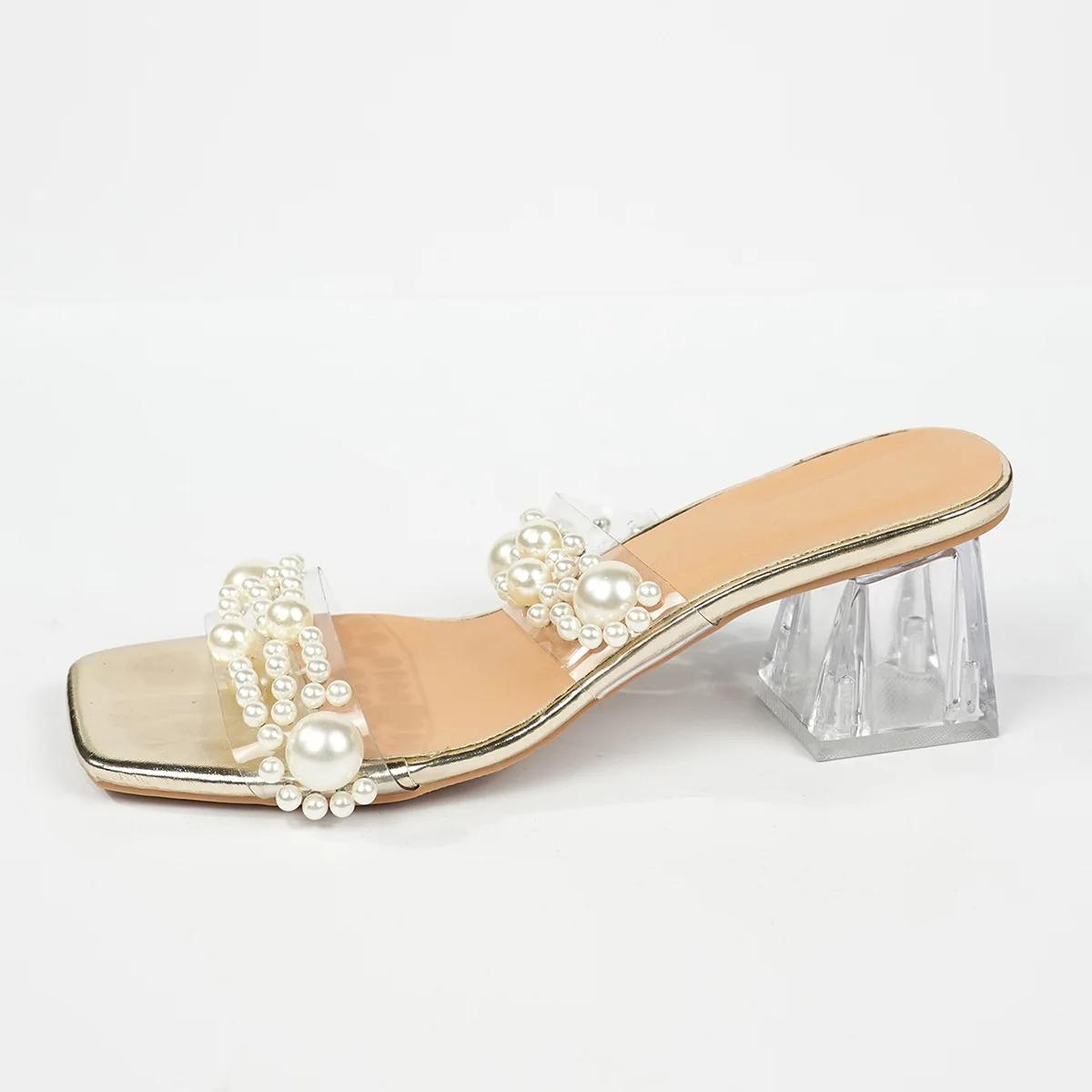 

ПВХ Жемчуг Женские Тапочки Высокий Каблук Прозрачный Квадратный Носок Сандалии Женские Летние Элегантные Шлепанцы Женские Туфли для Вечеринки 42