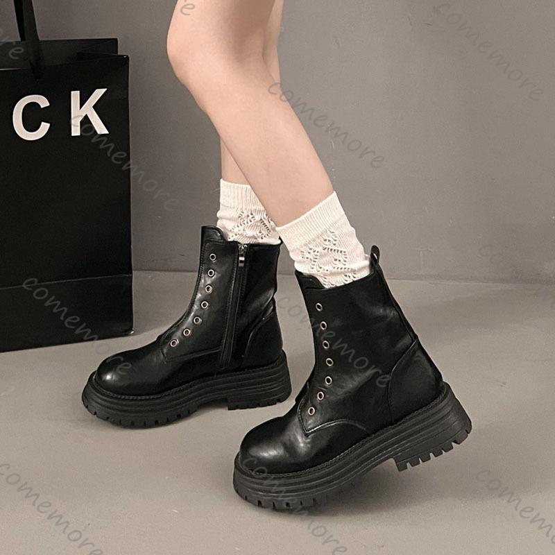 Comemore Women's Ankle Boots Retro Platform Leather Short Leather Gothic Punk Style Women's Shoes Side Zip Borines for Woman