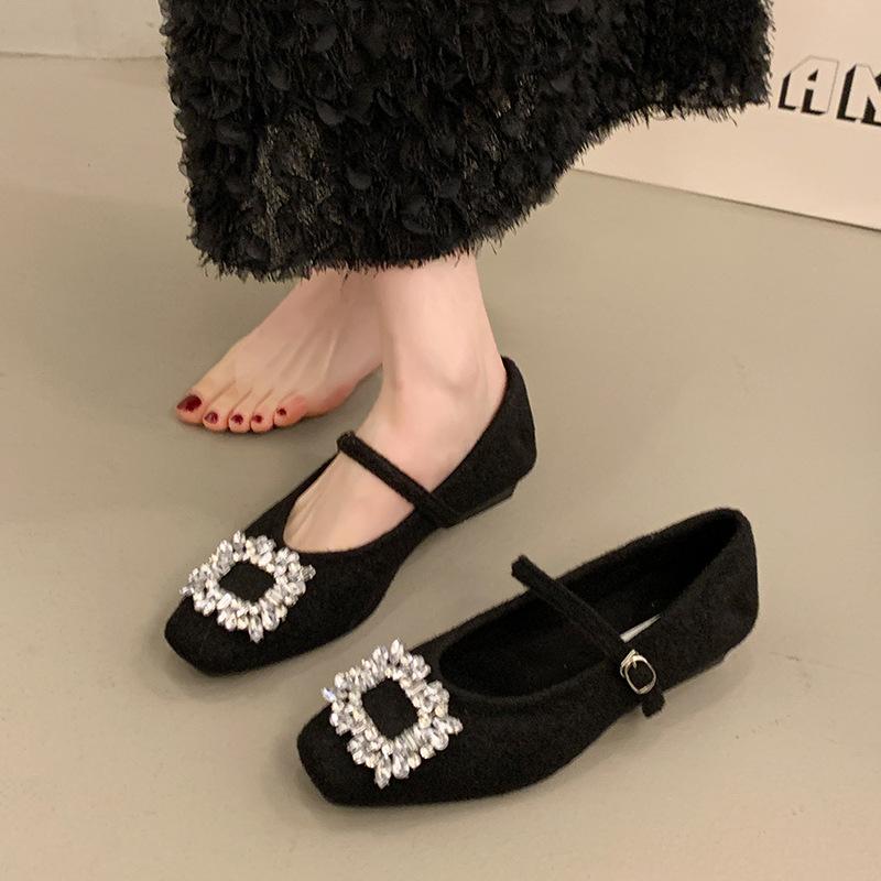 Versatile Thick Heel Single Shoes Women's Skirt Spring 2025 New Rhinestone Velvet Warm Mary Jane High Heels Tide