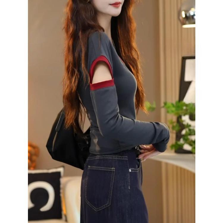 Módny jednofarebný top s výrezmi, okrúhlym výstrihom a dlhým rukávom, slim fit pre ženy