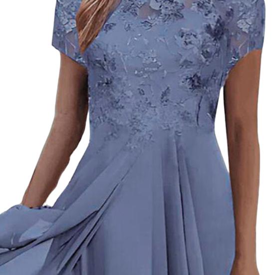 O-Neck Short Sleeve Waist Tight High-waisted Evening Dress Elegant Embroidery Lace Floral
