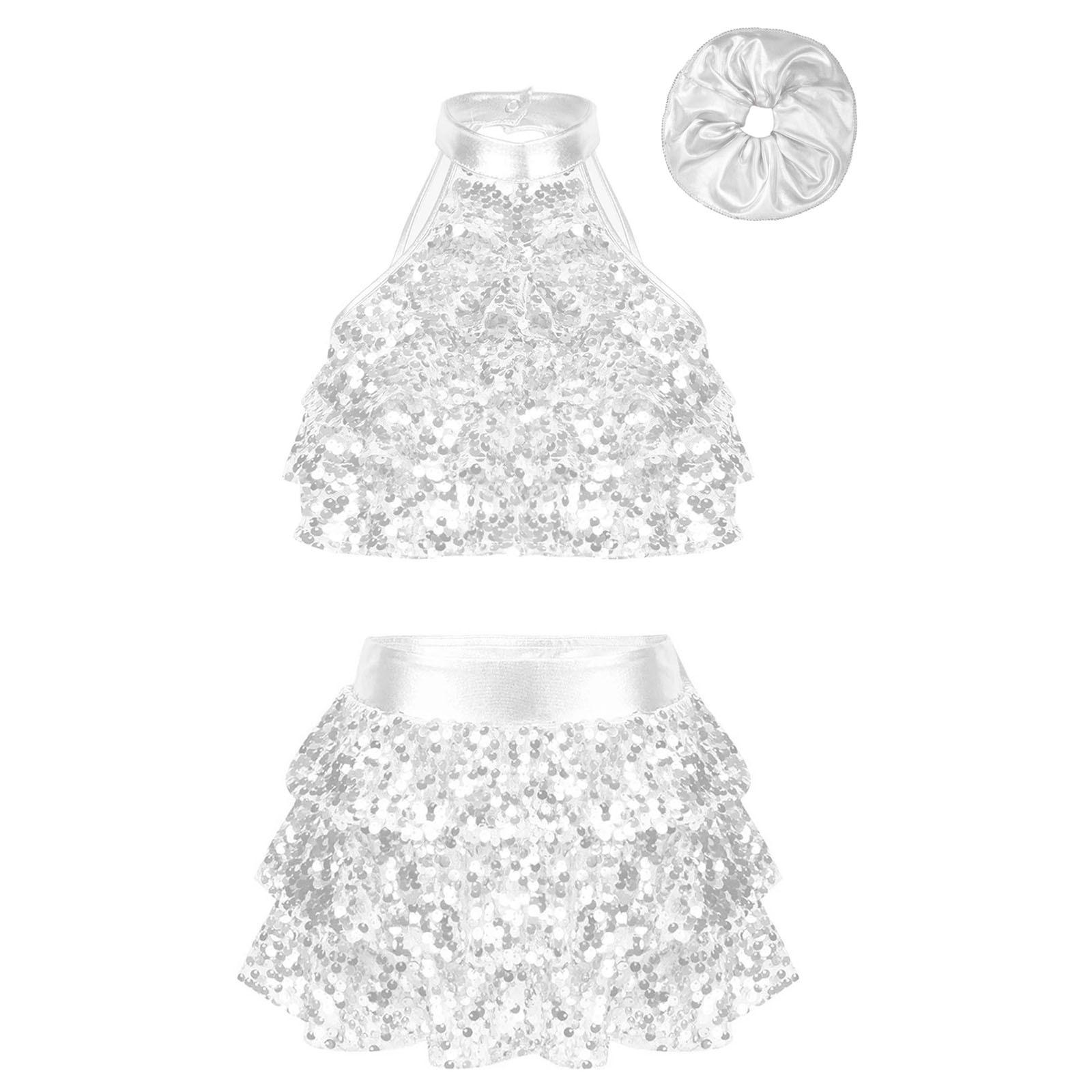 

Kids Girls Sparkly Dance Outfit Mock Neck Crop Top Ruffle Culottes with Glitter Hair Band for Competitions 15-16 Years срібний