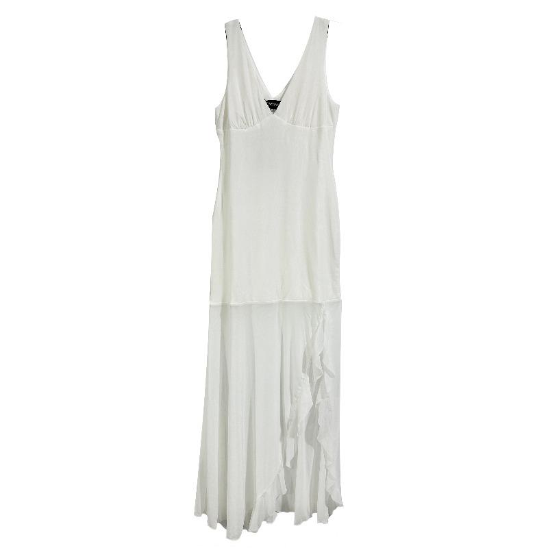 Curvphilo Deep V Neck Sleeveless Dress Mesh Ruffle Bodycon Maxi Dress for Women Double Lined Cocktail Party Dress