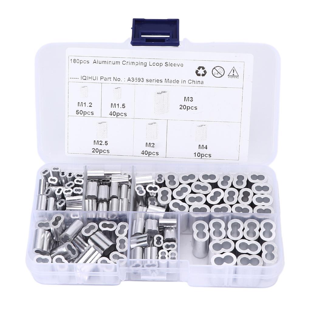 180pcs Crimping Loop Sleeve Kit 6‑Size Aluminum Double Barrel Ferrule Universal for Wire Rope Cable 