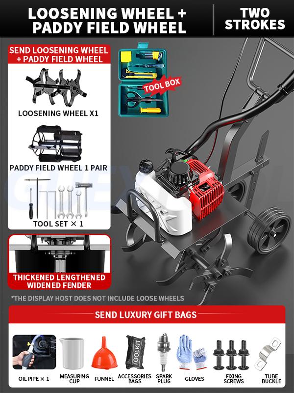 72CC Gasoline Tiller Cultivator 2 Stroke Mini Cultivator Rotovator for Farm Garden Yard Single-Cylinder Air Cooled 9000r/min