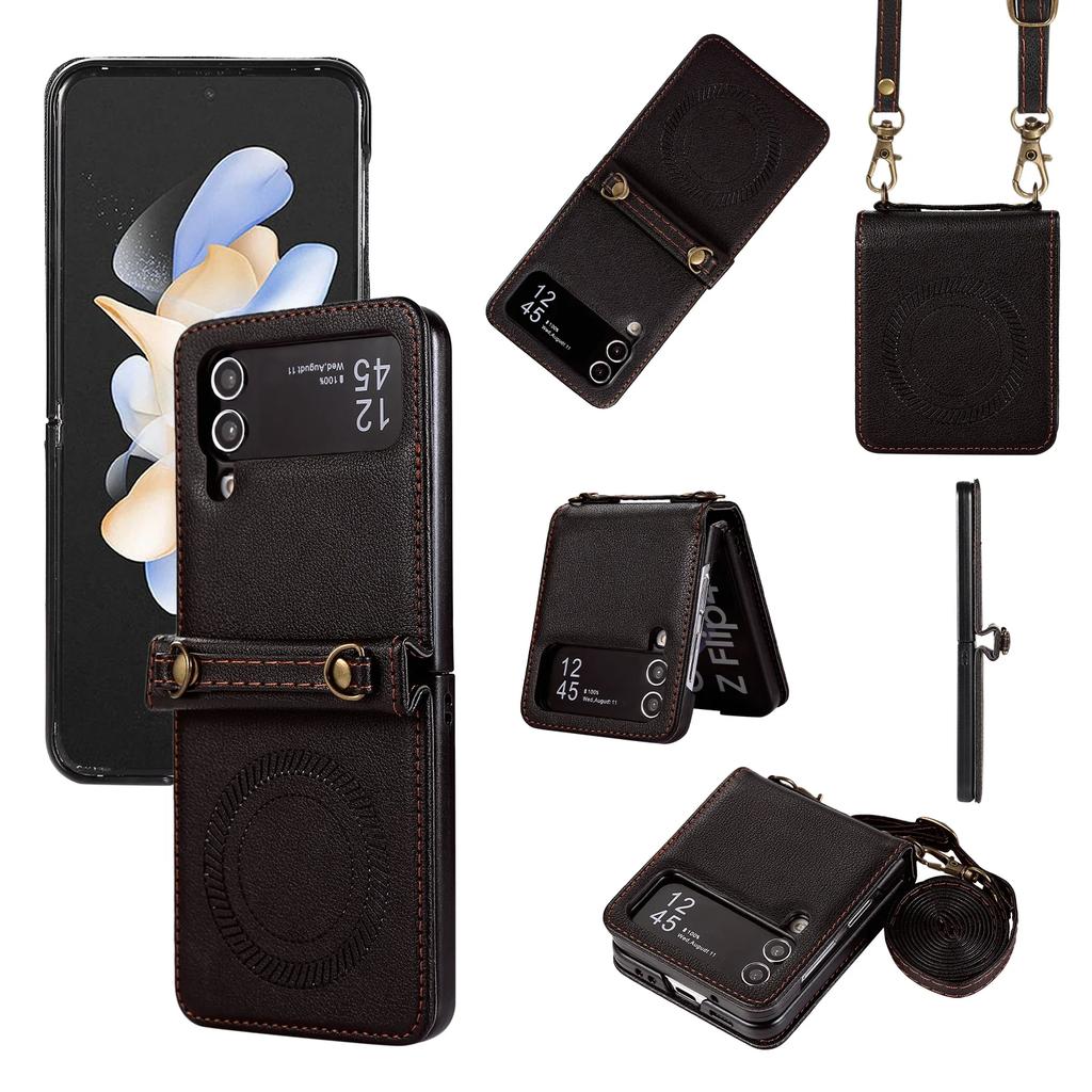 Crossbody Wireless Charge Magnetic Leather Case For Samsung Galaxy Z Flip 6 5 4 3 Flip5 Long Rope Lanyard For Magsafe Cover