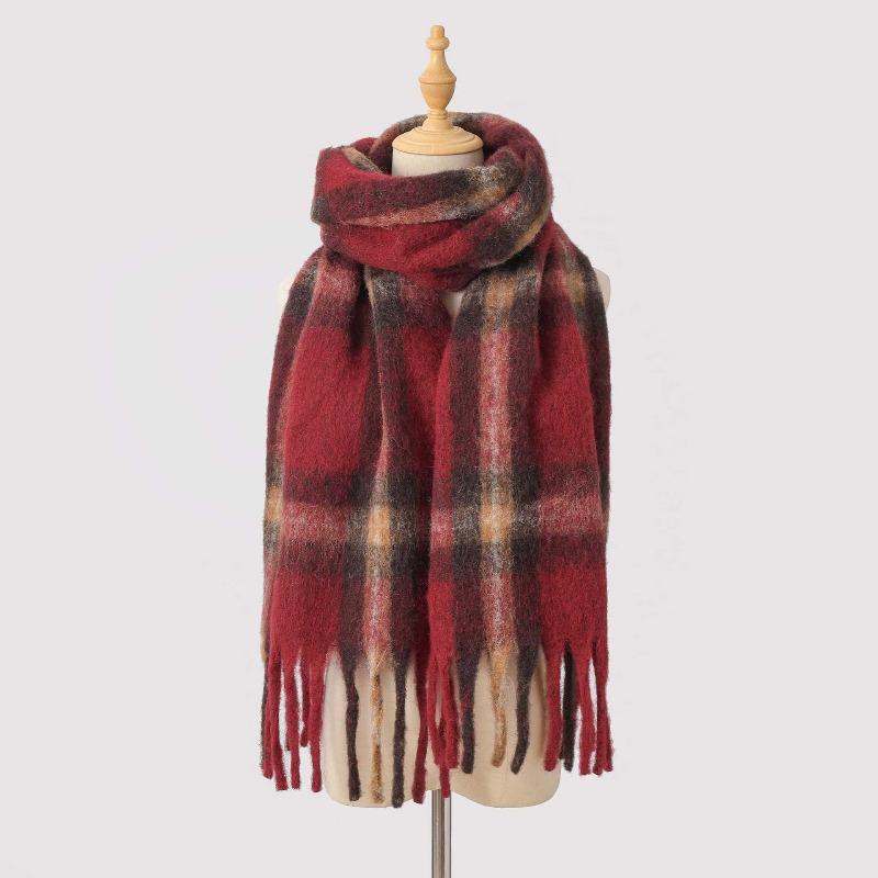 Autumn and Winter Wool Plaid Scarf Women's High-end Imitation Cashmere Versatile Simple Warm Thickened Fringed Scarf