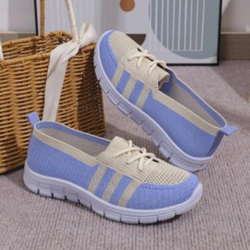 New large size women's flying woven sports shoes flat bottom round head lace-up color matching fashion lazy shoes women's single shoes