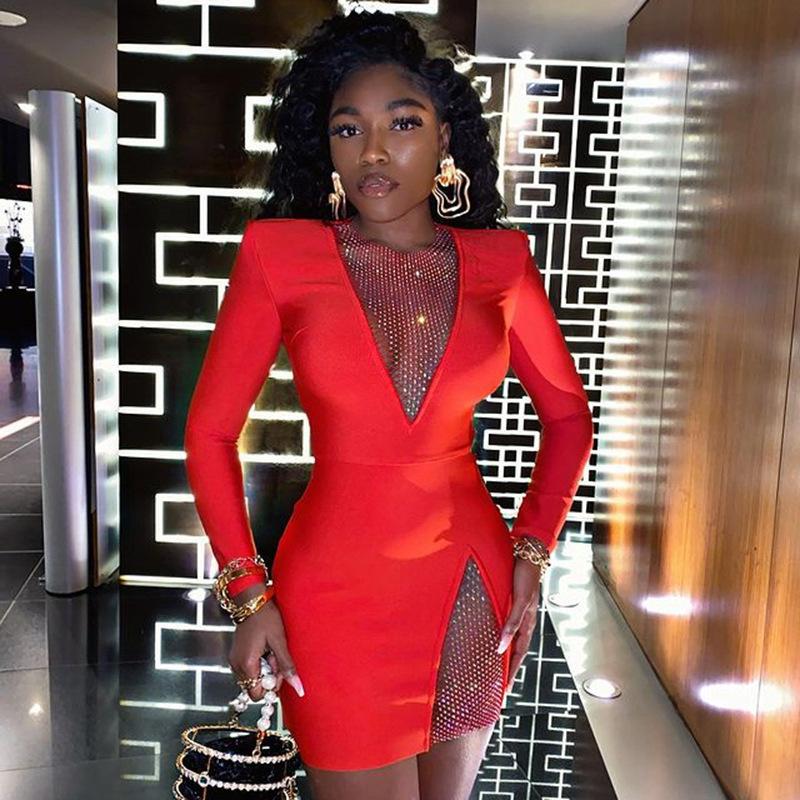 

Женское сексуальное обтягивающее платье с длинным рукавом и запахом L красный