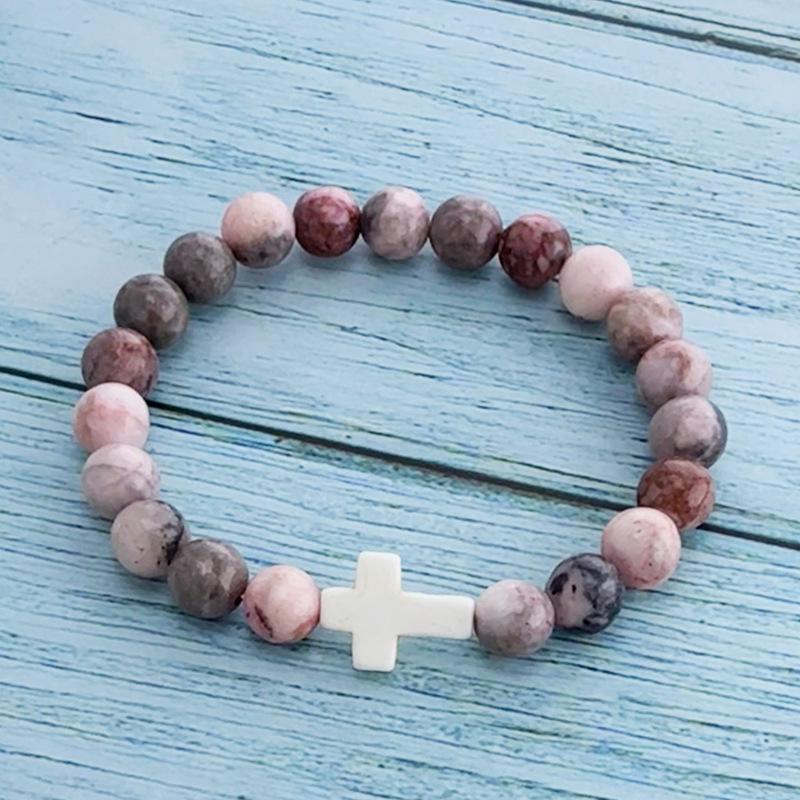 Unisex Cross Hand-Beaded Natural Stone Bracelet with Elastic Cord - High-End Gift