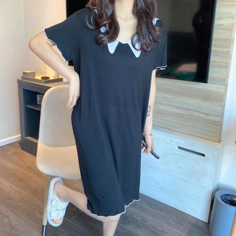 Modal Cotton Doll Collar Nightdress - Short Sleeve, Medium-Long, Loose Fit for Women