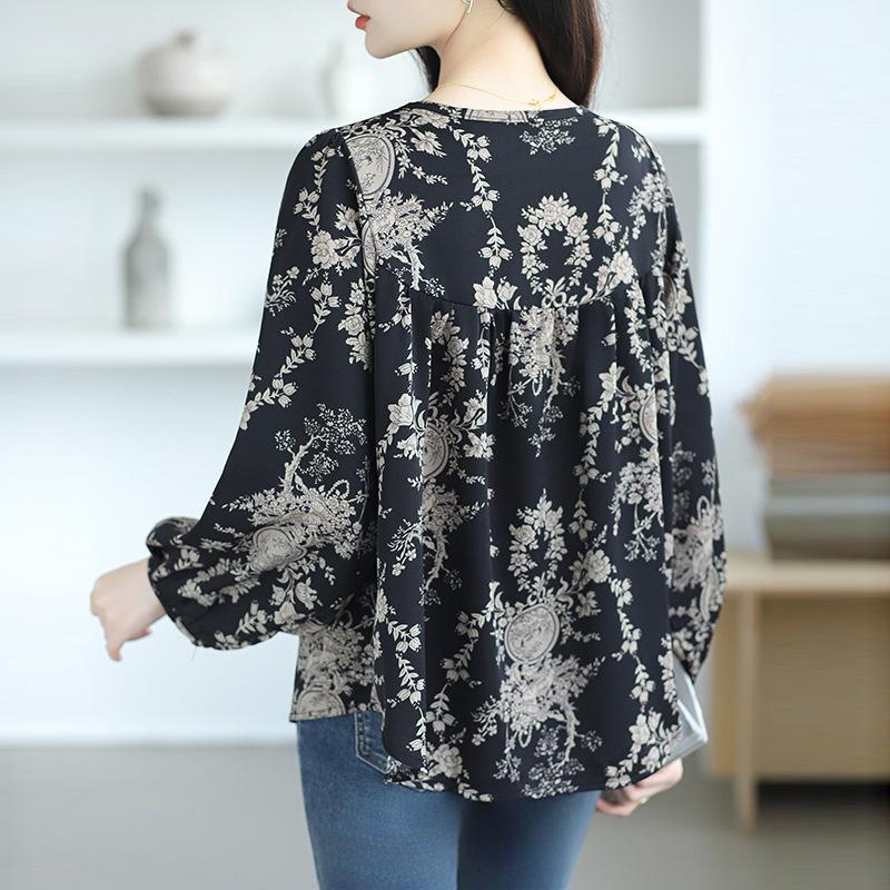 Chiffon-Shirt mit Blumenmuster für Damen, langärmelig, lockere Passform, schlankmachendes, bauchbedeckendes Anti-Aging-Top für Damen