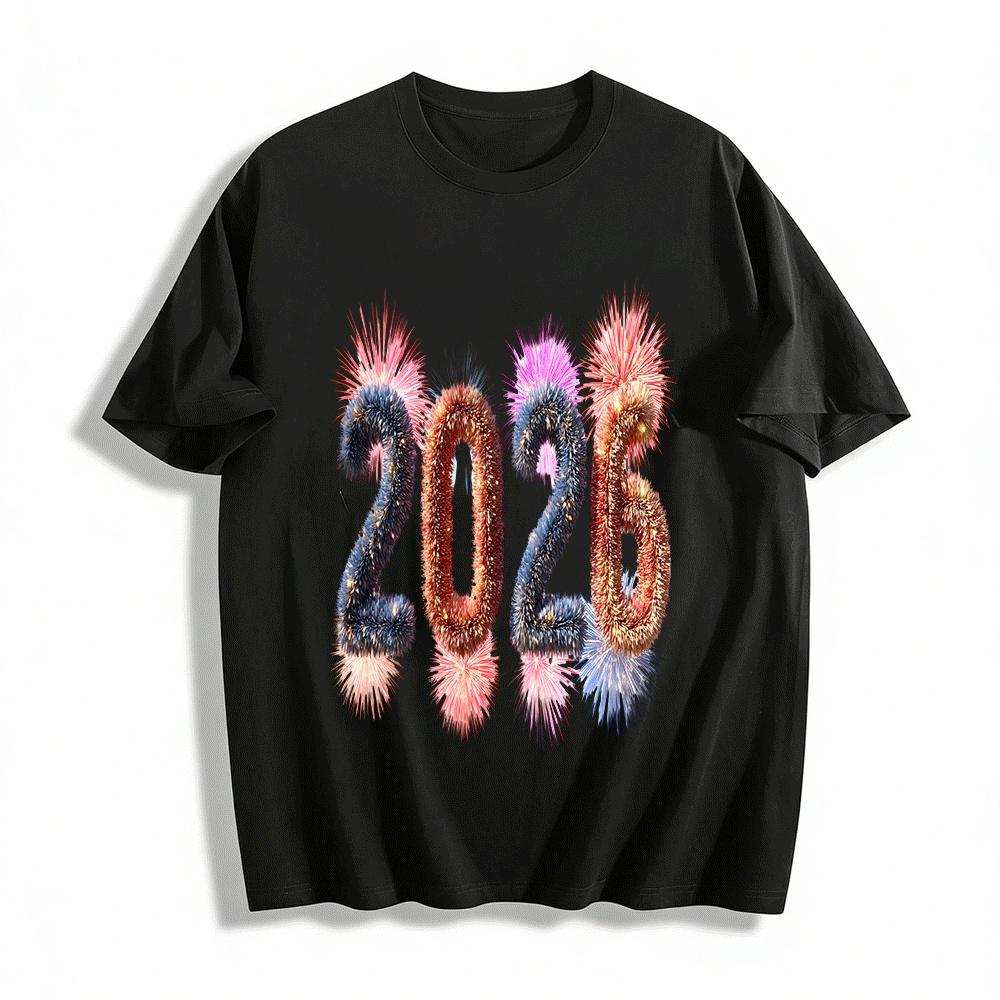 

2026 New Year Fireworks Trendy Casual Printed Top Pure cotton T-shirt XXS