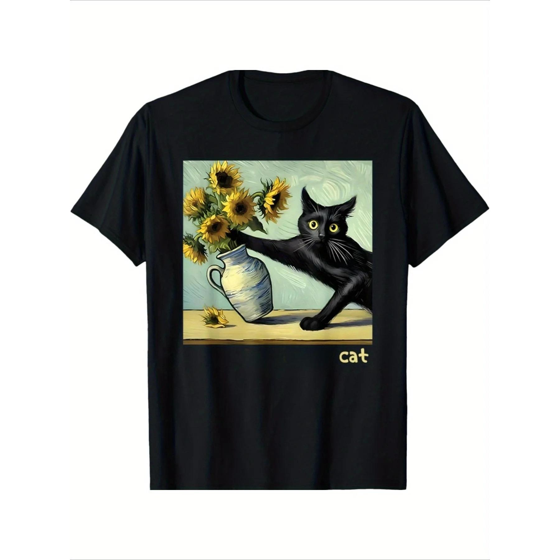 

Summer Trend Cotton Street Style Van Gogh s Black Cat and Sunflower Funny Cat Painting Art T-shirt Comfortable Fashion Couple 4XL