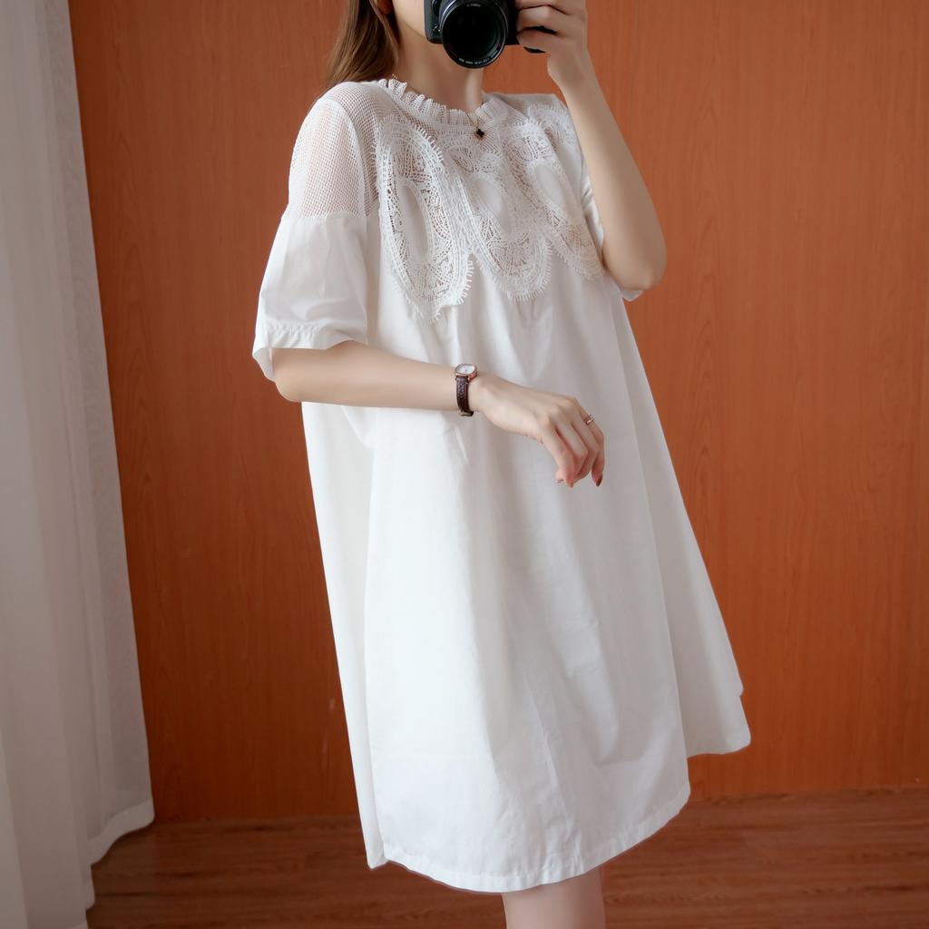 Western Style Plus Size Women's Summer Dress Fat Sister Lace Mesh Stitching Short Sleeves