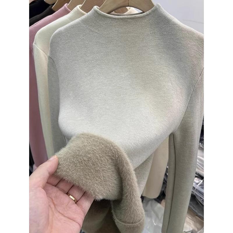 Soft waxy thickened integrated velvet semi-turtleneck warm sweater women's spring temperament slim-fitting inner top bottoming shirt