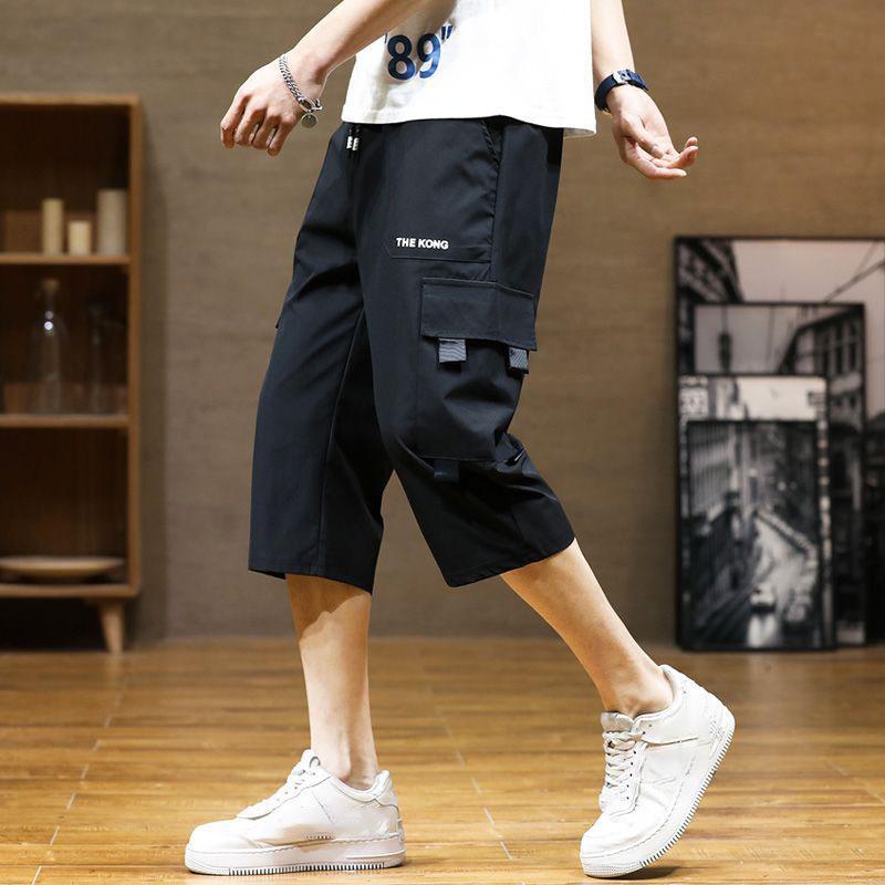 

Летние мужские модные свободные тонкие быстросохнущие брюки Seven-Minute с множеством карманов, дышащие спортивные повседневные рабочие шорты XS чёрный