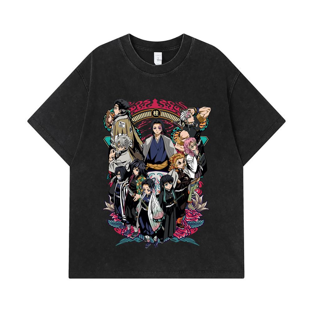 275 GSM Washed T-shirts 100% Cotton Demon Slayer V62 Hashiras Print Unisex Heavy Cotton T Shirt