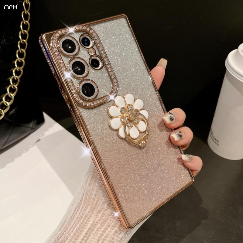 For Samsung Galaxy S25 Ultra Luxury Plating Rhinestone Frame Diamond Ring Stand Phone Case For Samsung S22 S23 S24 S25Plus Cover
