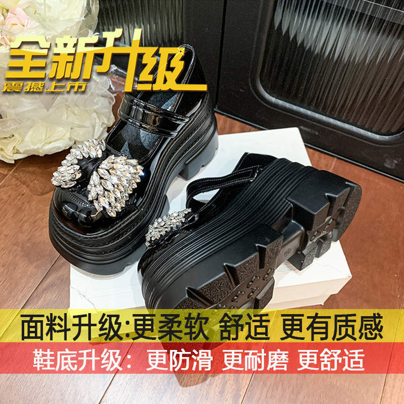 

Muffin thick heel Mary Jane loafers women s single shoes 2025 new 10cm platform bow rhinestone small leather shoes 35