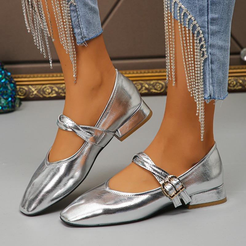 Retro double-strap silver Mary Jane shoes for women's autumn and winter new square head low-heeled small leather shoes soft-soled ballet shoes