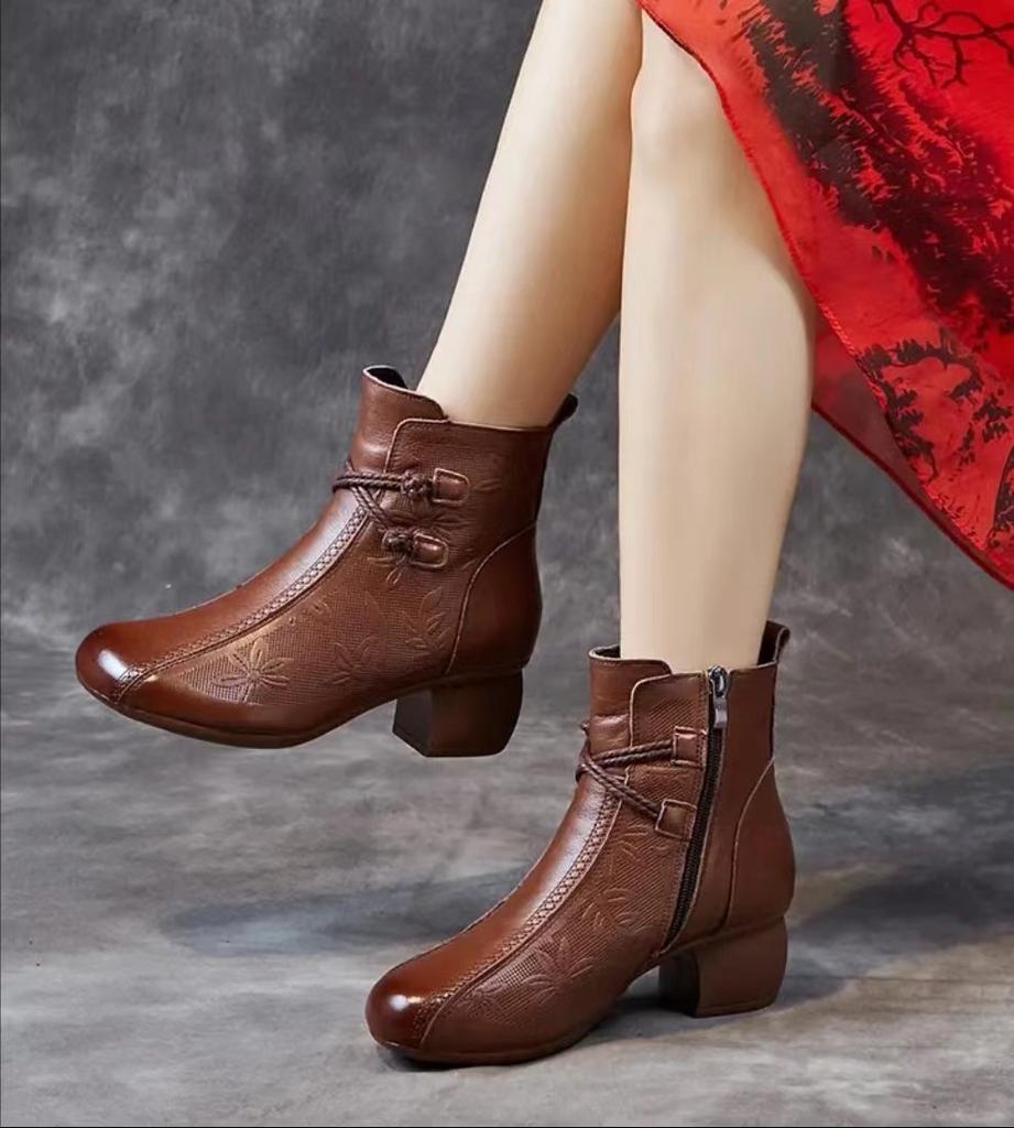 Nationale Wind Korte Laarzen Herfst/winter Nieuwe Bedrukte Moederschoenen Vintage Mode Ronde Neus Dikke Hak Katoenen Laarzen