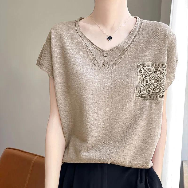 Women s Linen Blend V-Neck Lace Pocket Short Sleeve Loose Casual T-Shirt S хаки